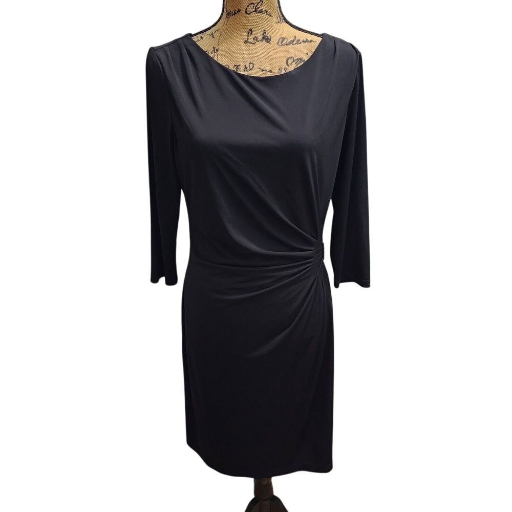 Laura Jeffries Black Side-Gathered Cocktail Dress with 3/4 Sleeves - 12